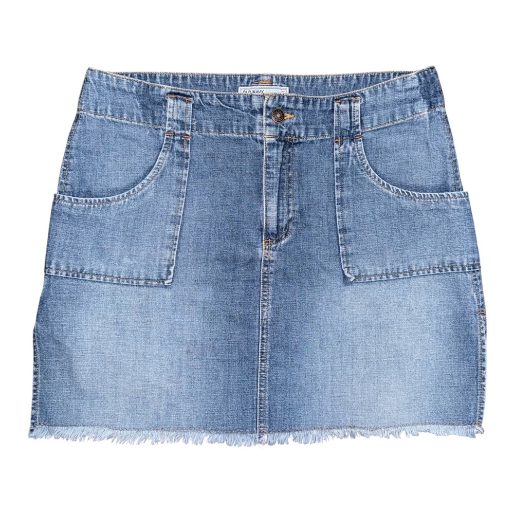 Vintage Y2K Old Navy Denim Mini Skirt Raw Hem Utility Patch Pockets Women’s 10